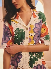 Multi Bright Floral Crochet Short Sleeve Open Collared Shirt - Image 4 of 7