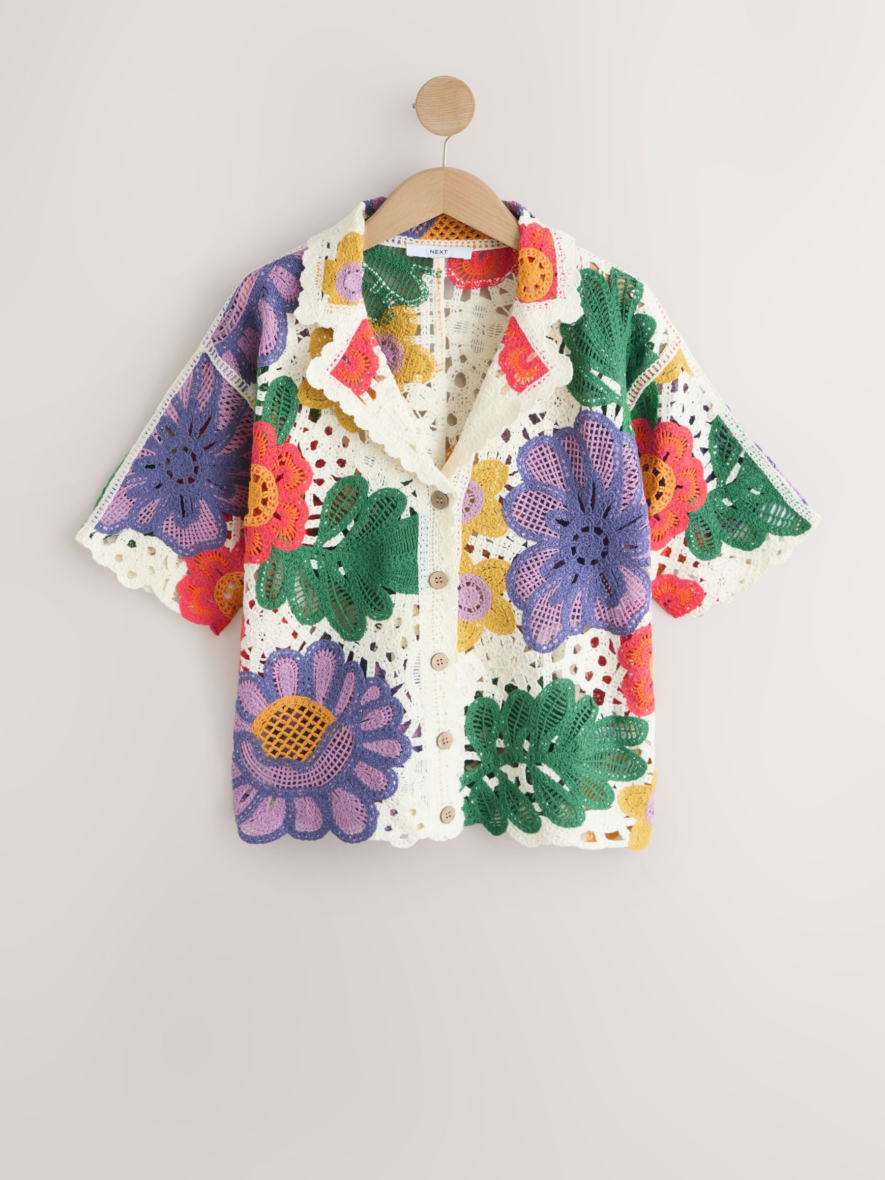 Buy Ecru/Purple/Green Floral Crochet Short Sleeve Collared Shirt