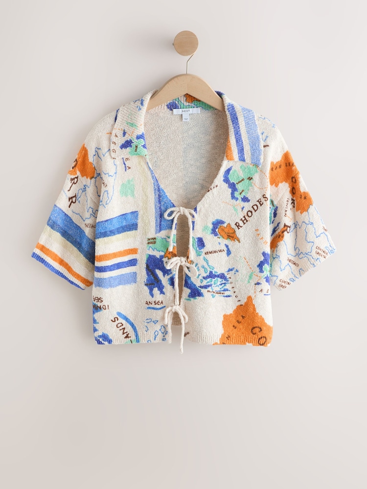 Multi Map Print Cotton Rich Towelling Tie Front Shirt - Image 1 of 3