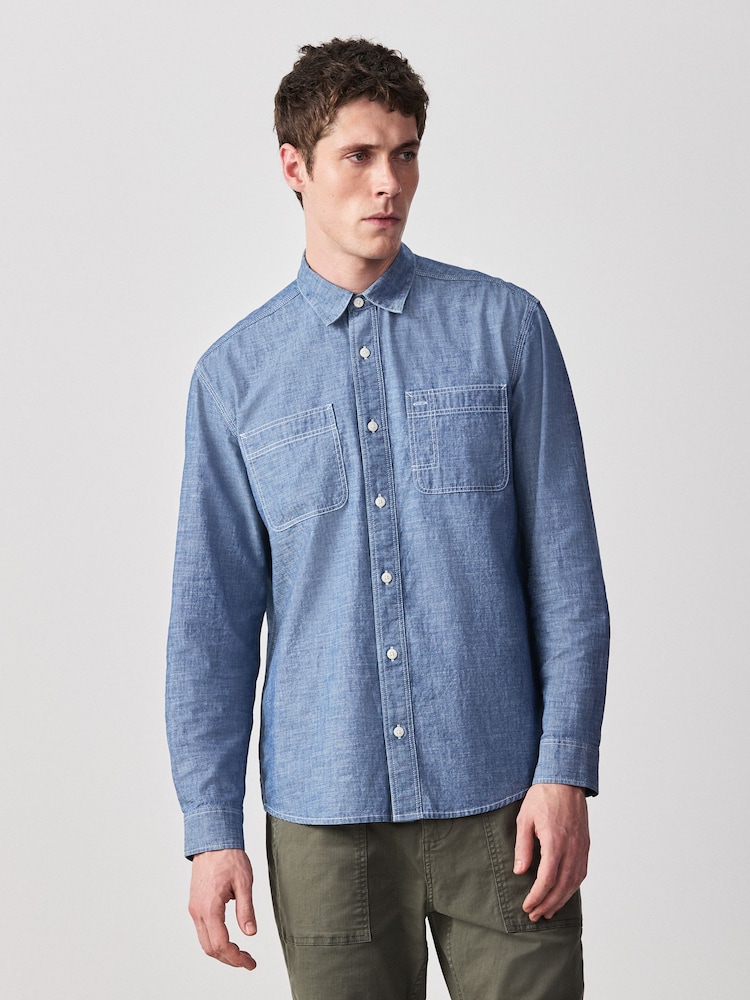 أزرق شامبراي - Denim Pocket Long Sleeve Shirt - صورة 1 من 8 أزرق شامبراي - Denim Pocket Long Sleeve Shirt - صورة 1 من 8