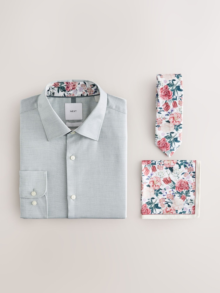 Seafoam Green/ Pink Floral Slim Fit 100% Cotton Shirt, Tie, Pocket Square and Pin Kew Garden Occasion Set - Image 1 of 11