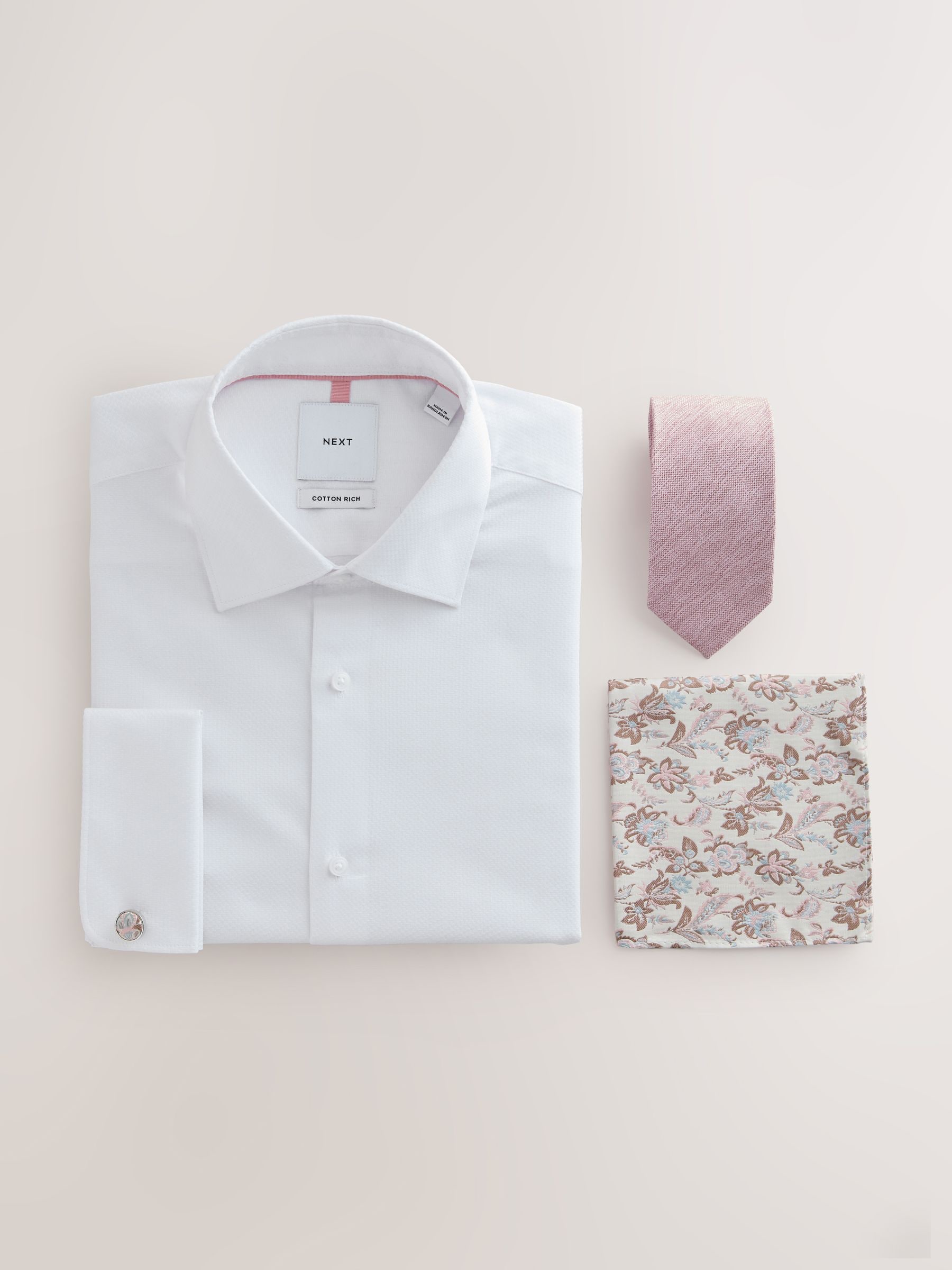 Buy White/Light Pink Slim Fit Double Cuff Cotton Rich Shirt, Tie