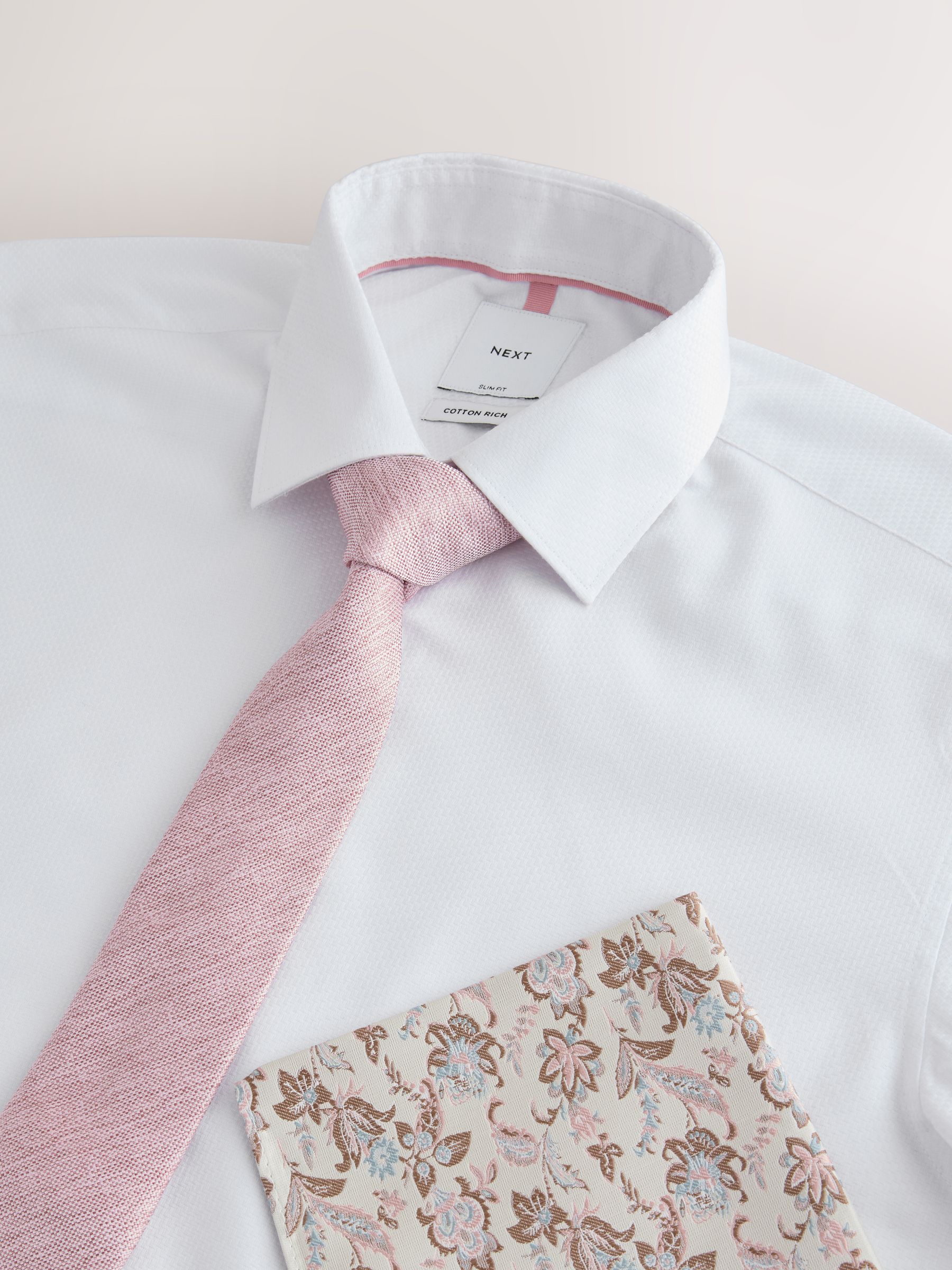 Buy White/Light Pink Slim Fit Double Cuff Cotton Rich Shirt, Tie