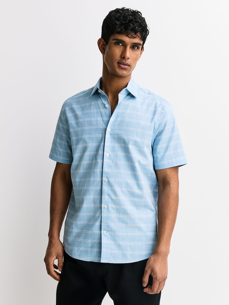 Light Blue Windowpane Regular Fit Cotton Linen Check Short Sleeve Shirt - Image 1 of 7 Light Blue Windowpane Regular Fit Cotton Linen Check Short Sleeve Shirt - Image 1 of 7