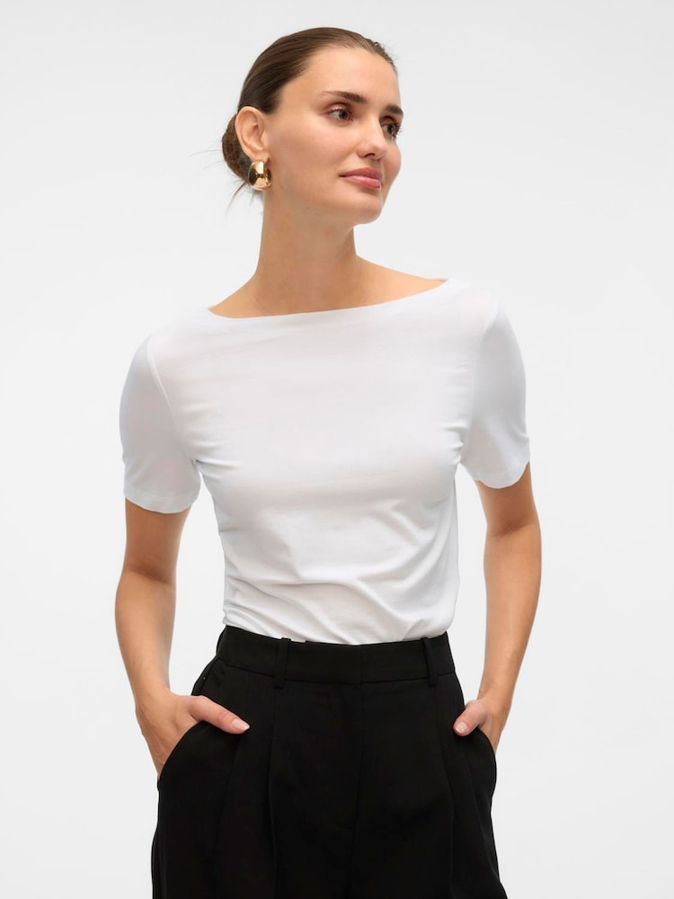 VERO MODA White Short Sleeve Boat Neck T-Shirt - Image 1 of 5