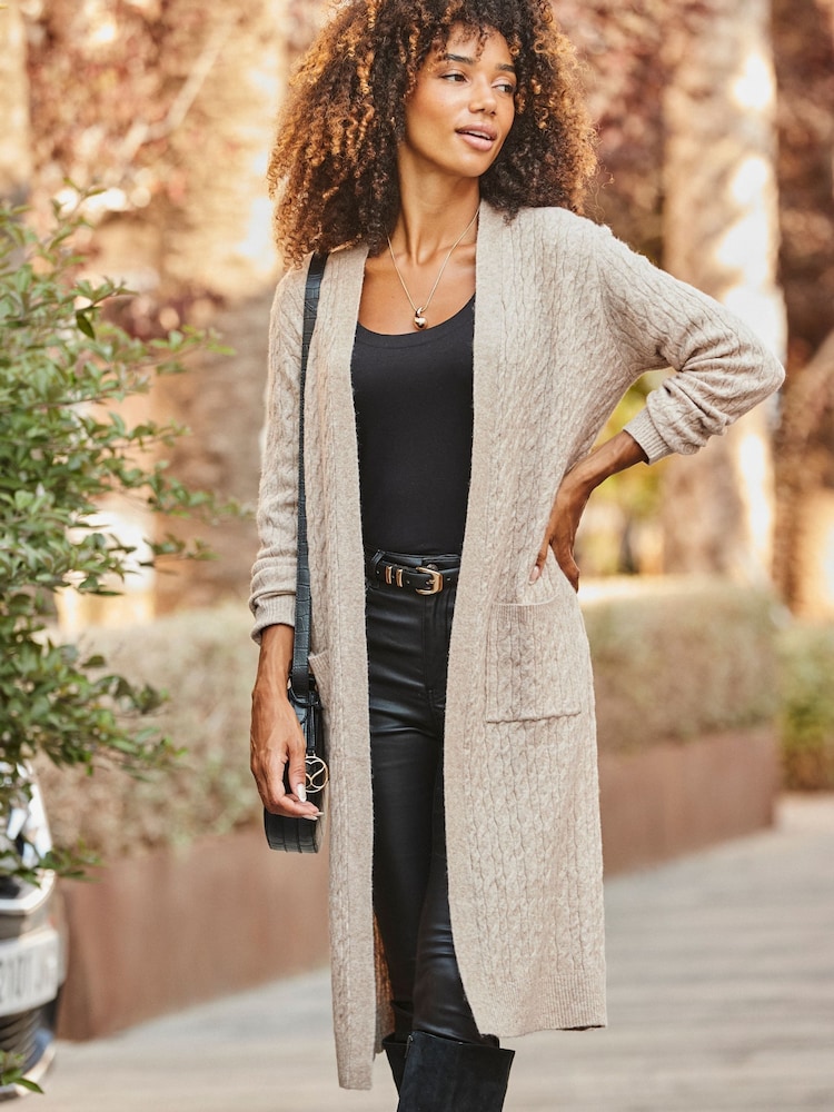 Sosandar Natural Cable Knit Longline Cardigan - Image 1 of 5 Sosandar Natural Cable Knit Longline Cardigan - Image 1 of 5