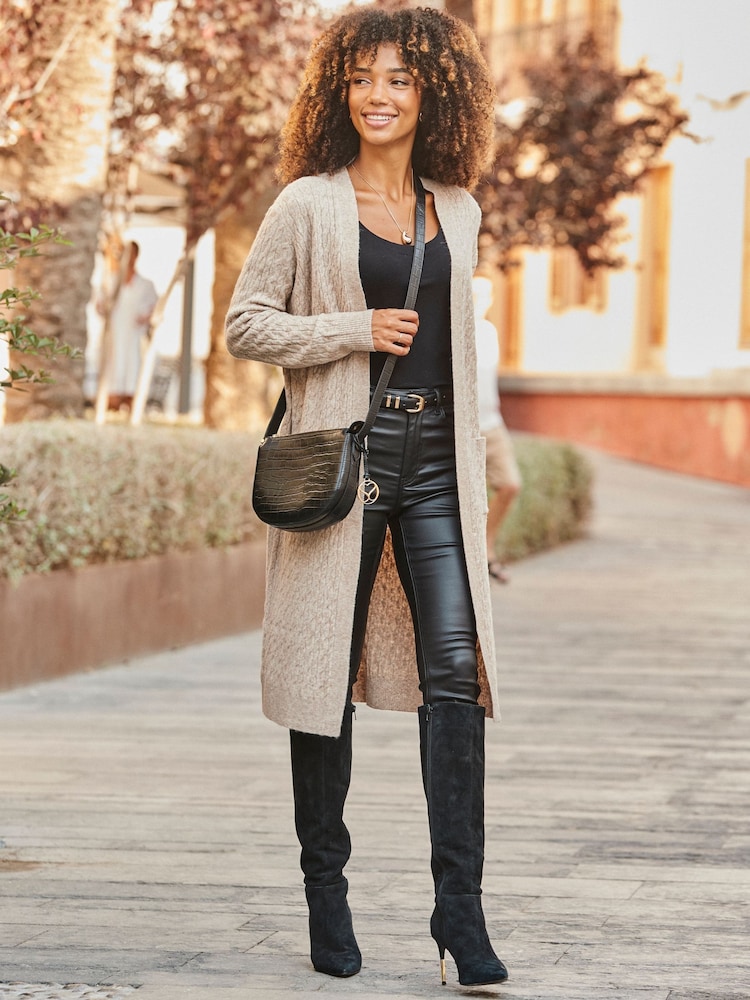 Sosandar Natural Cable Knit Longline Cardigan - Image 1 of 5 Sosandar Natural Cable Knit Longline Cardigan - Image 1 of 5