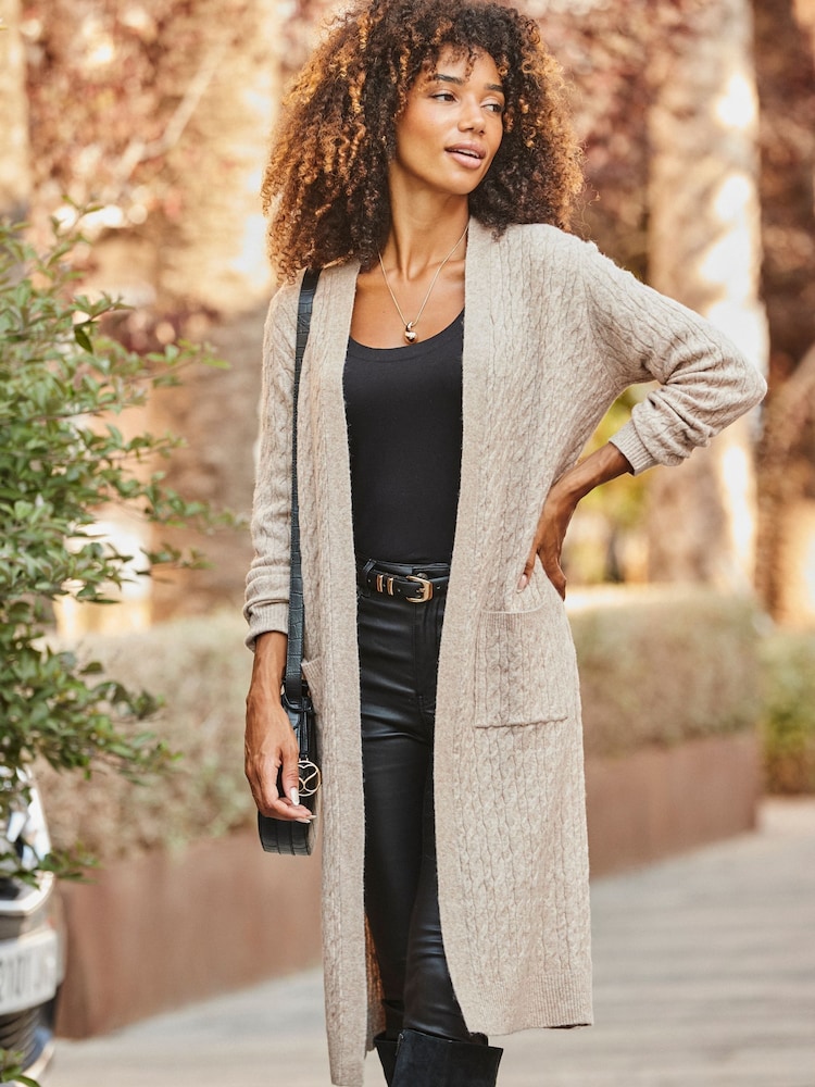 Sosandar Natural Cable Knit Longline Cardigan - Image 5 of 5 Sosandar Natural Cable Knit Longline Cardigan - Image 5 of 5