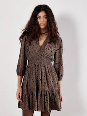 Apricot Brown Mono Paisley Ruffle Detail Dress - Image 1 of 4