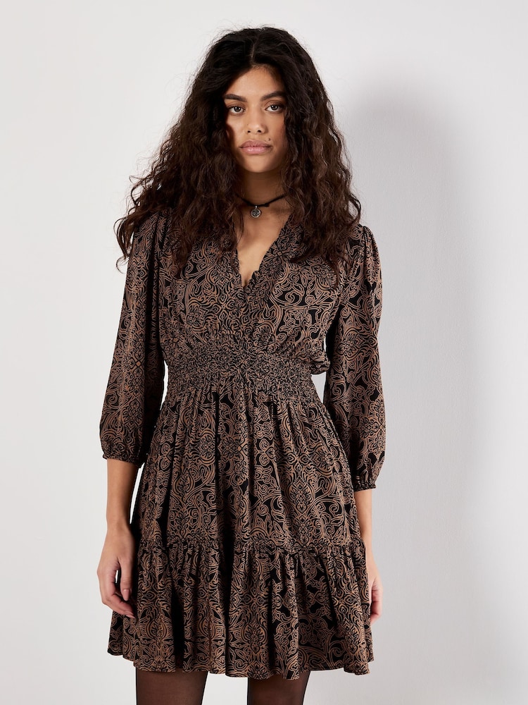 Apricot Brown Mono Paisley Ruffle Detail Dress - Image 1 of 4 Apricot Brown Mono Paisley Ruffle Detail Dress - Image 1 of 4