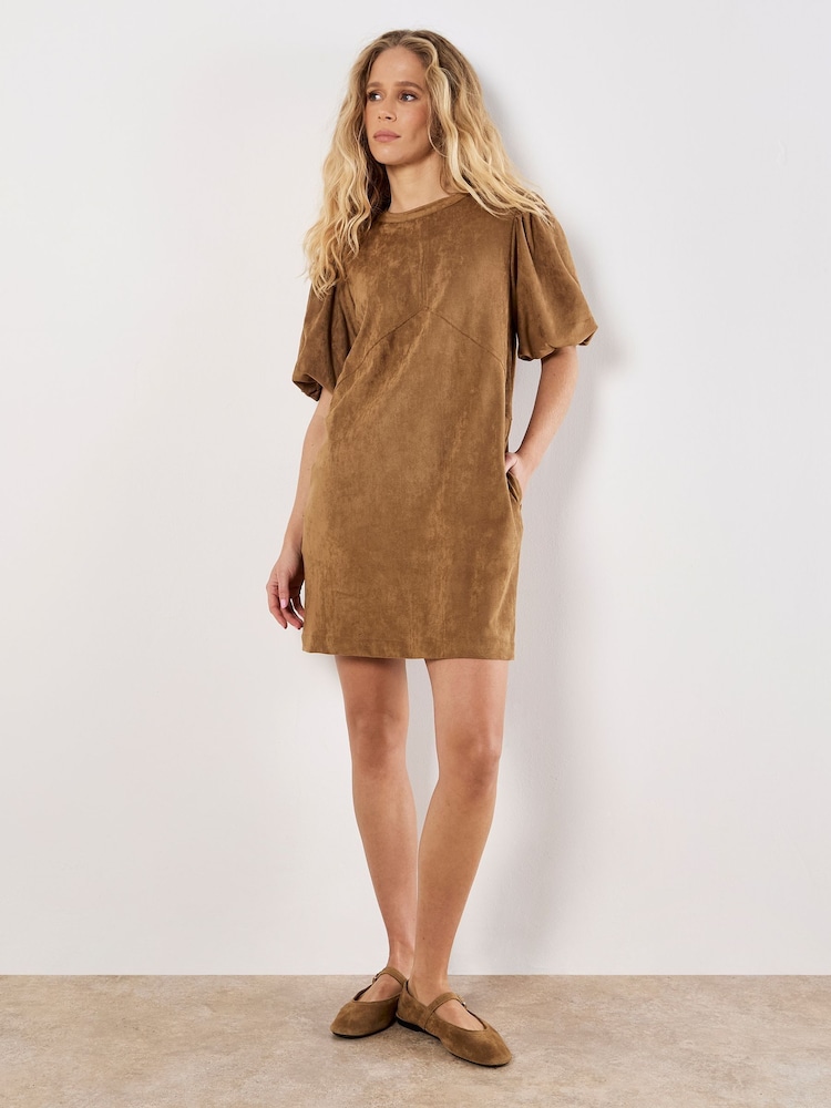 Apricot Brown Mini Suede Puff Sleeve Dress - Image 1 of 4
