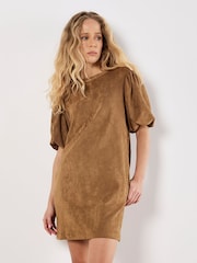 Apricot Brown Mini Suede Puff Sleeve Dress - Image 2 of 4