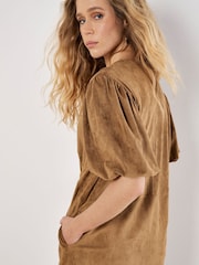 Apricot Brown Mini Suede Puff Sleeve Dress - Image 3 of 4