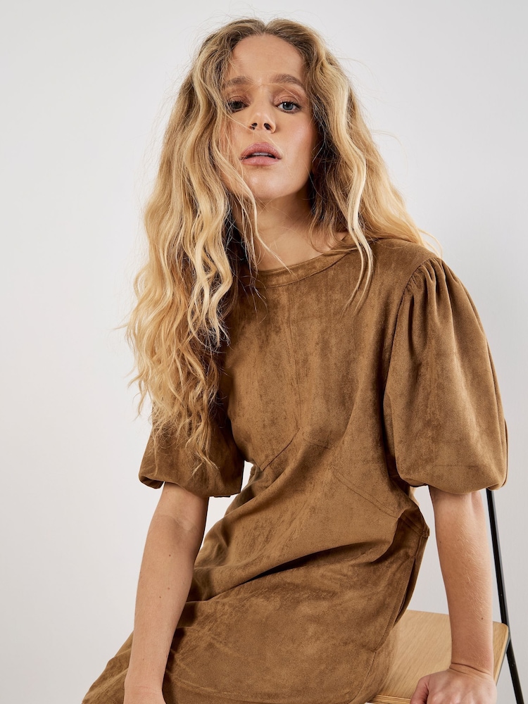 Apricot Brown Mini Suede Puff Sleeve Dress - Image 4 of 4