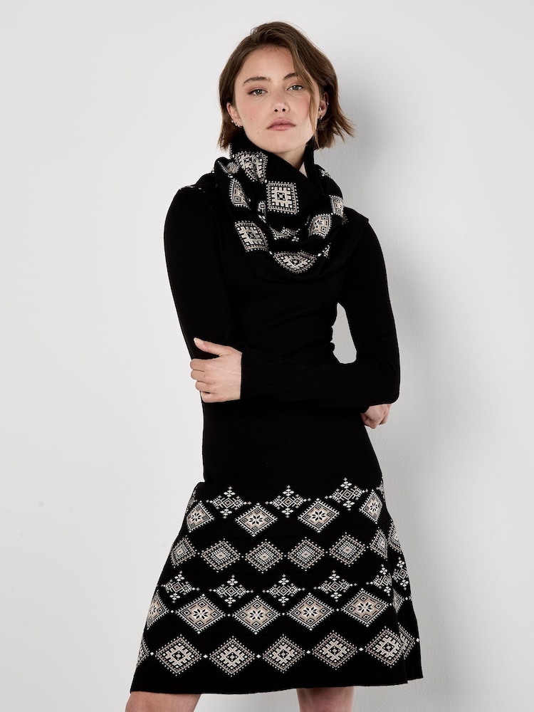 Apricot Black Aztec Diamond Jacquard Knit Dress With Snood - Image 1 of 5
