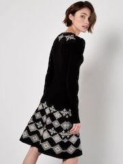 Apricot Black Aztec Diamond Jacquard Knit Dress With Snood - Image 3 of 5