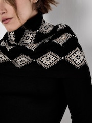 Apricot Black Aztec Diamond Jacquard Knit Dress With Snood - Image 5 of 5
