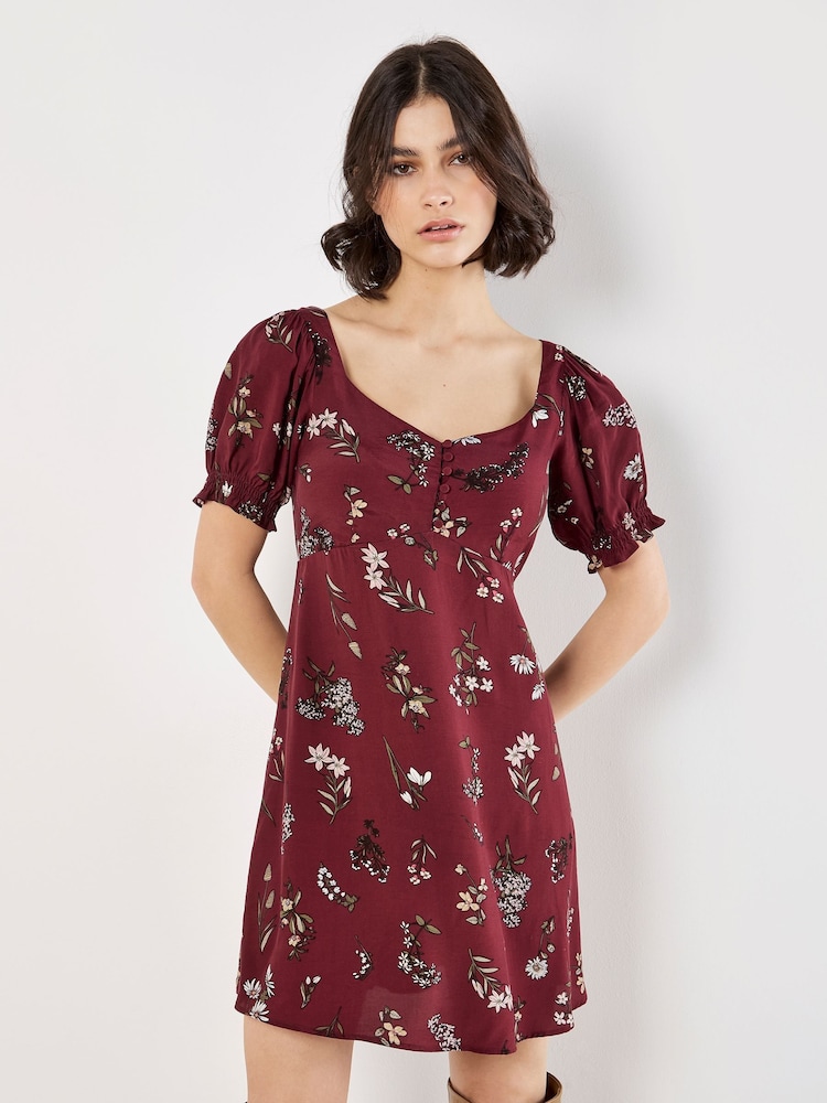 Apricot Red Botanical Floral Tea Dress - Image 1 of 4