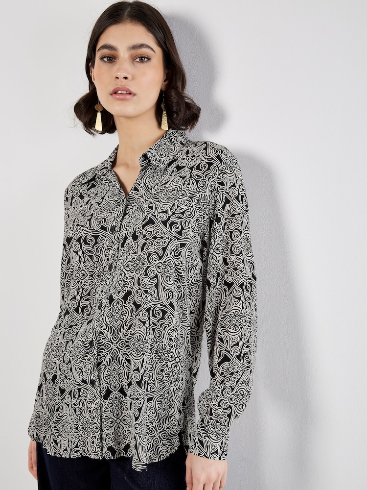 Apricot Black Mono Paisley Two Pocket Sheer Shirt - Image 2 of 5 Apricot Black Mono Paisley Two Pocket Sheer Shirt - Image 2 of 5