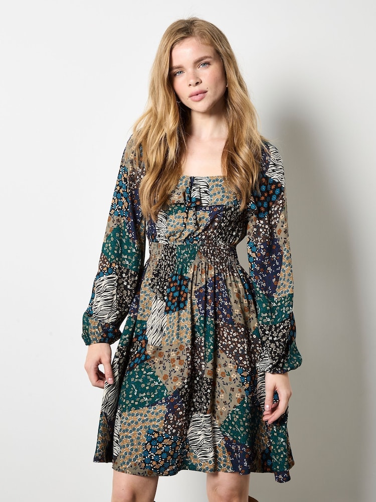 Apricot Green Milkmaid Patchwork Mini Dress - Image 1 of 4
