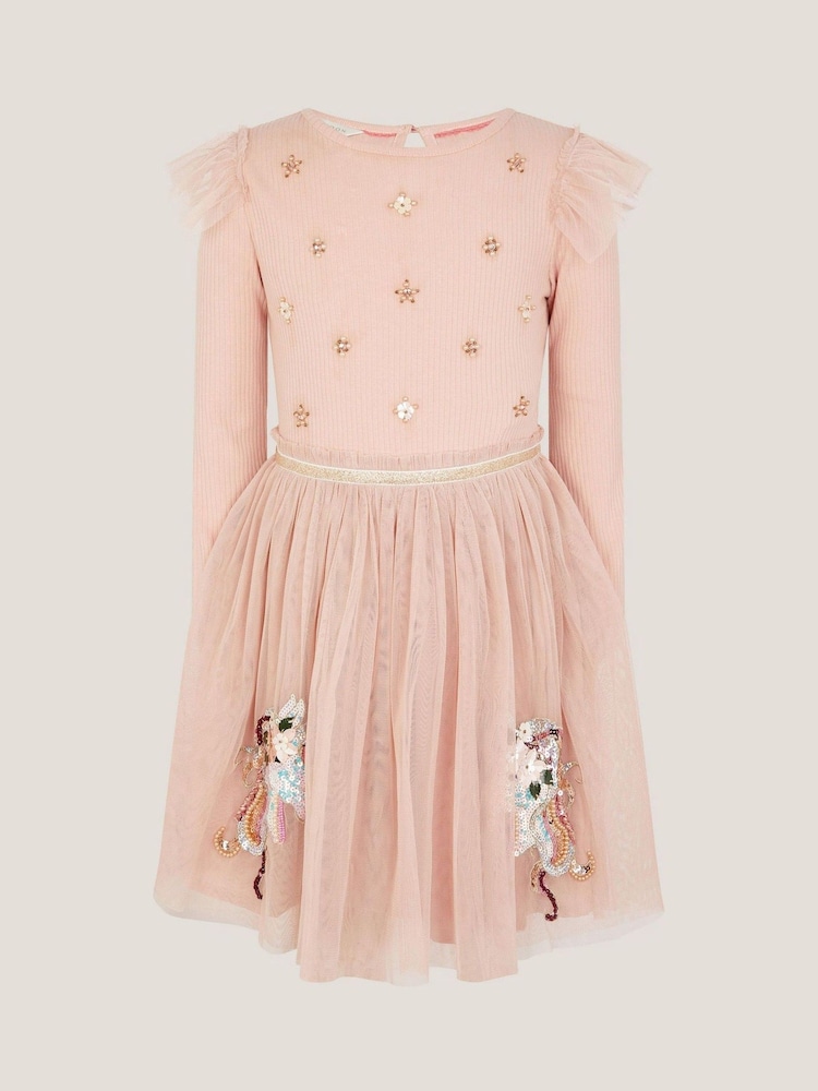 Monsoon Pink Unicorn Embellished Disco Dress - Image 1 of 3 Monsoon Pink Unicorn Embellished Disco Dress - Image 1 of 3