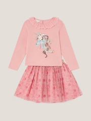 Monsoon Pink Sequin Unicorn Top & Floral Print Mesh Skirt Set - Image 1 of 3