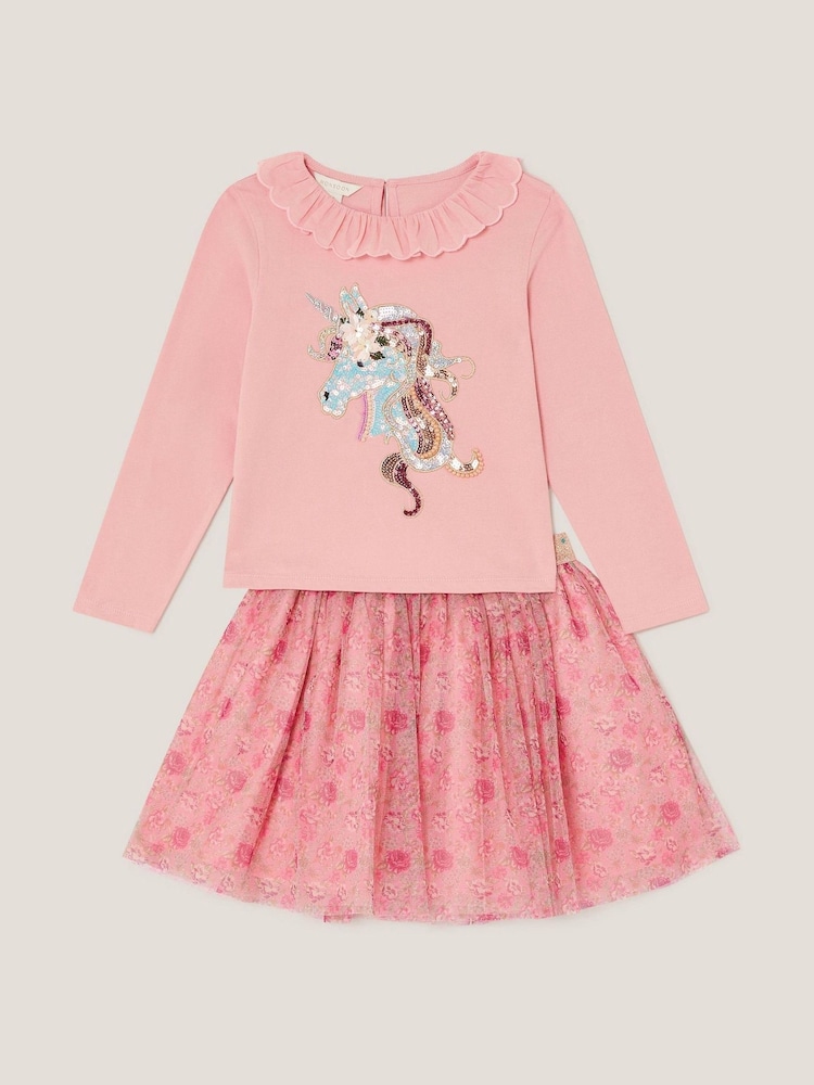 Monsoon Pink Sequin Unicorn Top & Floral Print Mesh Skirt Set - Image 1 of 3 Monsoon Pink Sequin Unicorn Top & Floral Print Mesh Skirt Set - Image 1 of 3