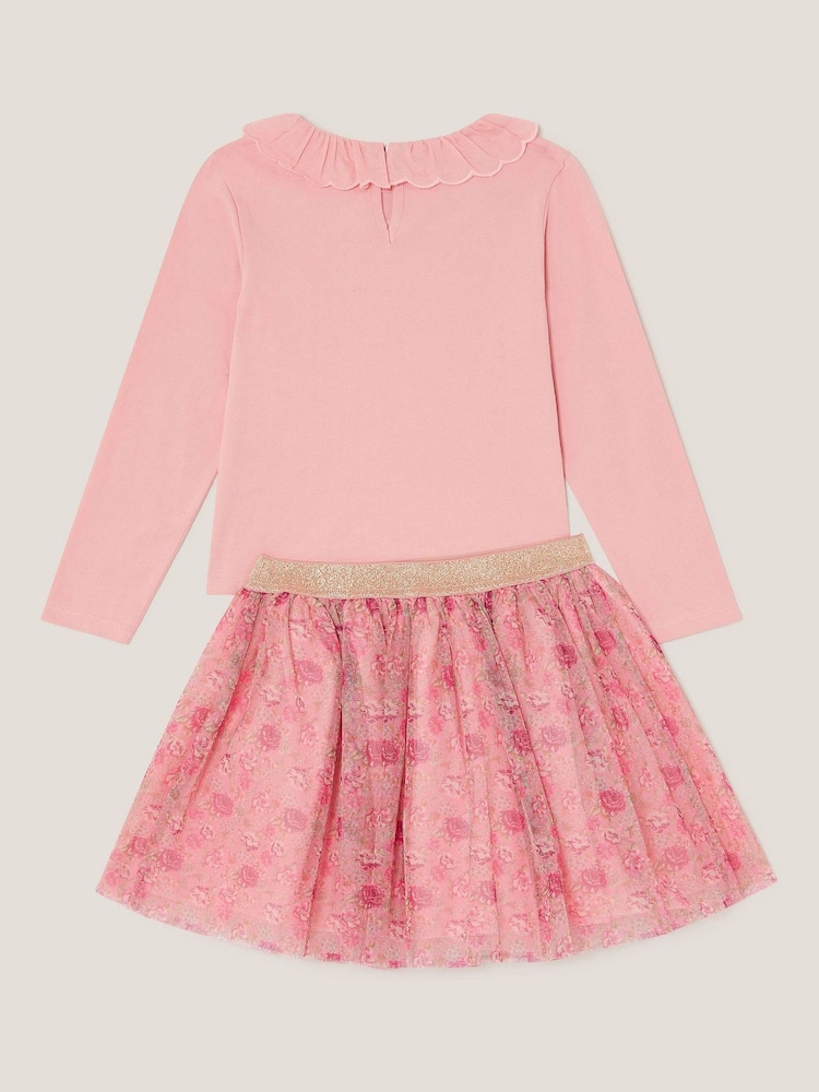 Monsoon Pink Sequin Unicorn Top & Floral Print Mesh Skirt Set - Image 2 of 3 Monsoon Pink Sequin Unicorn Top & Floral Print Mesh Skirt Set - Image 2 of 3