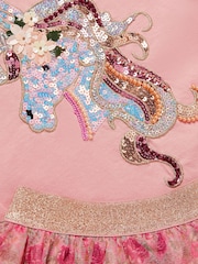Monsoon Pink Sequin Unicorn Top & Floral Print Mesh Skirt Set - Image 3 of 3