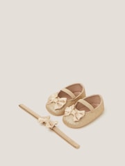 Monsoon Gold Baby Bow Glitter Booties & Headband Set - Image 1 of 3