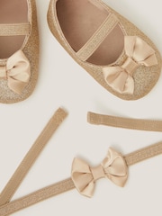 Monsoon Gold Baby Bow Glitter Booties & Headband Set - Image 3 of 3