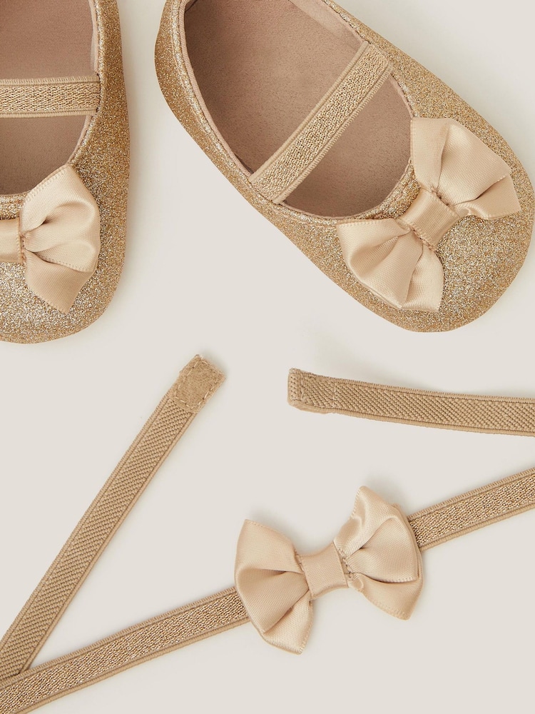 Monsoon Gold Baby Bow Glitter Booties & Headband Set - Image 3 of 3