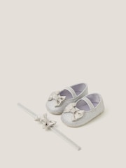 Monsoon Silver Baby Bow Glitter Booties & Headband Set - Image 1 of 3