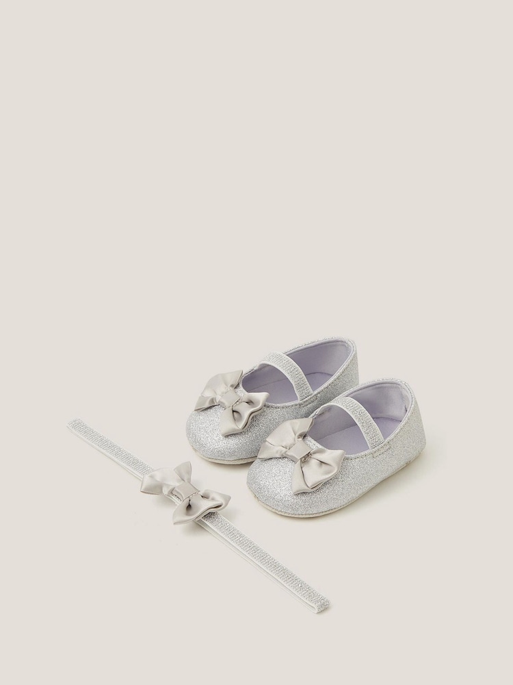 Monsoon Silver Baby Bow Glitter Booties & Headband Set - Image 1 of 3