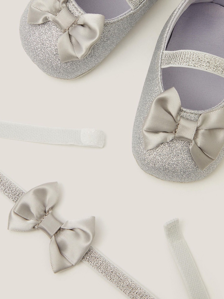 Monsoon Silver Baby Bow Glitter Booties & Headband Set - Image 3 of 3