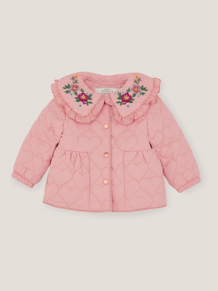 Monsoon Pink Baby Embroidered Heart Quilted Coat - Image 2 of 4