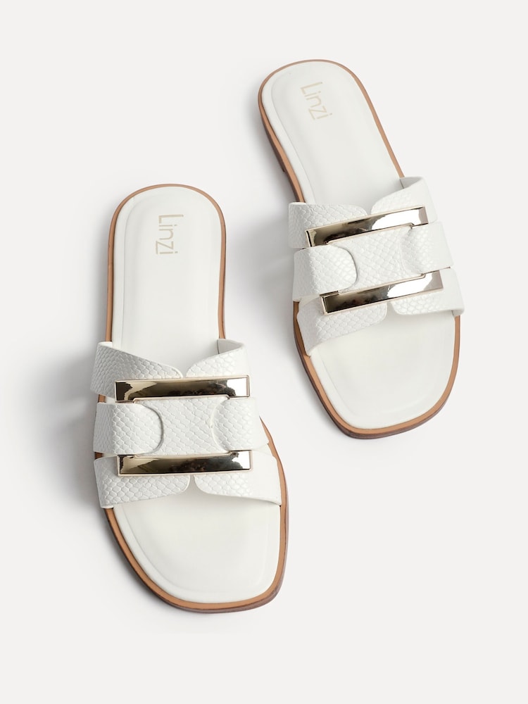 Linzi White Kenna Buckle Flat Slider Sandals - Image 2 of 5 Linzi White Kenna Buckle Flat Slider Sandals - Image 2 of 5
