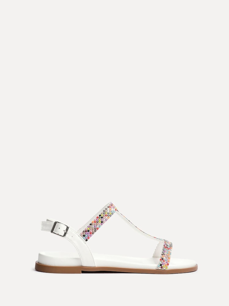 Linzi White Lois T-Bar Flat Sandals With Multi Coloured Beading - Image 2 of 5 Linzi White Lois T-Bar Flat Sandals With Multi Coloured Beading - Image 2 of 5