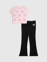 River Island Pink Bow Embellished Kickflare Top & Leggings Set - Image 1 of 5