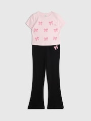 River Island Pink Bow Embellished Kickflare Top & Leggings Set - Image 3 of 5