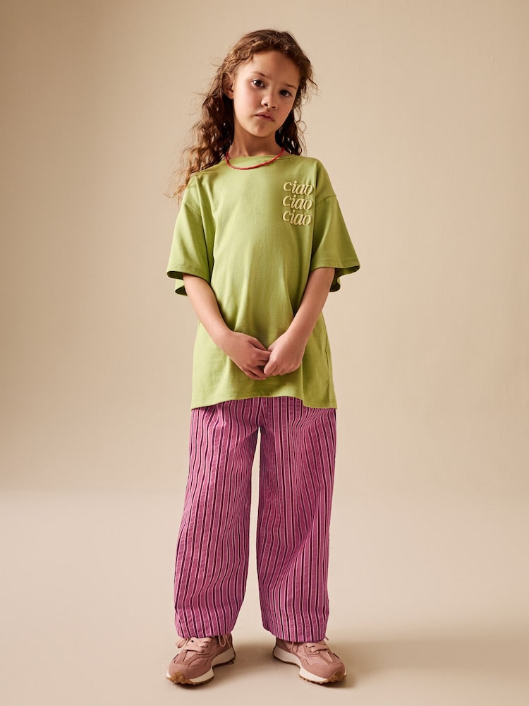 Berry Red/ Pink Stripe - Pantaloni largi cu elastic în talie (3-16ani) - Imaginea 2 din 8