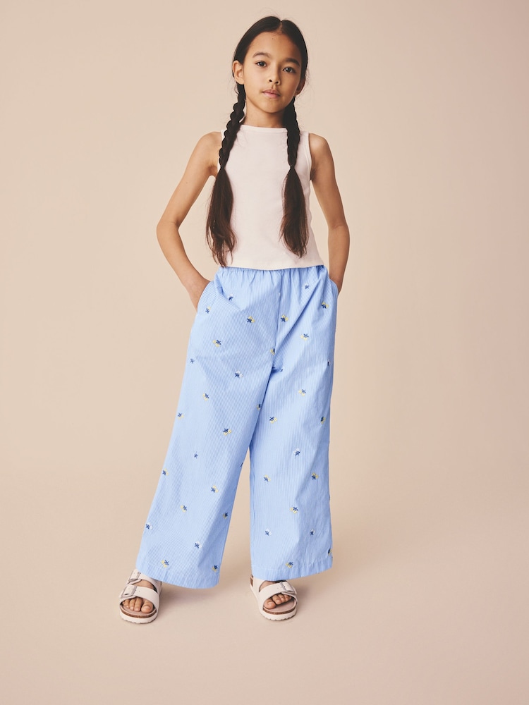 Embroidered Ditsy Blue/White Stripe - Pantaloni largi cu elastic în talie (3-16ani) - Imaginea 2 din 9