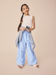 Embroidered Ditsy Blue/White Stripe - Pantaloni largi cu elastic în talie (3-16ani) - Imaginea 4 din 9