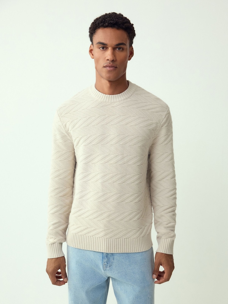 Ecru White Regular Fit Cotton Rich Chevron Cable Crew Neck Jumper - Image 1 of 4 Ecru White Regular Fit Cotton Rich Chevron Cable Crew Neck Jumper - Image 1 of 4