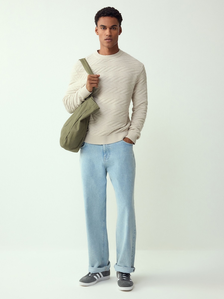 Ecru White Regular Fit Cotton Rich Chevron Cable Crew Neck Jumper - Image 2 of 4 Ecru White Regular Fit Cotton Rich Chevron Cable Crew Neck Jumper - Image 2 of 4