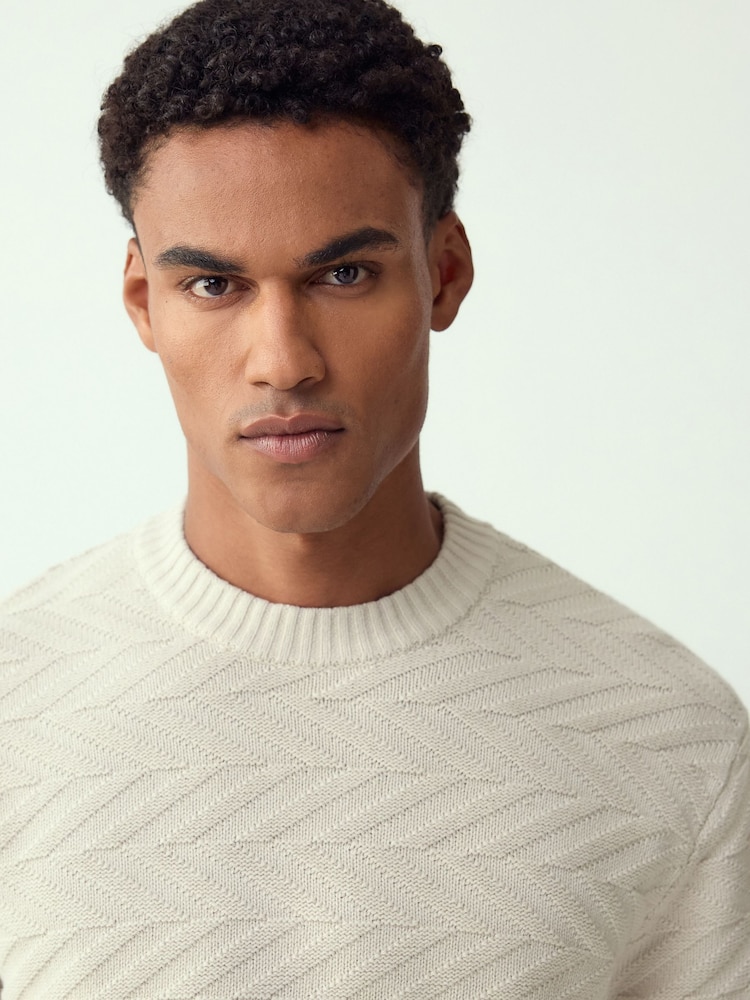 Ecru White Regular Fit Cotton Rich Chevron Cable Crew Neck Jumper - Image 4 of 4 Ecru White Regular Fit Cotton Rich Chevron Cable Crew Neck Jumper - Image 4 of 4