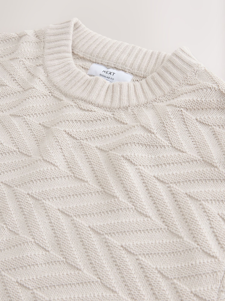 Ecru White Regular Fit Cotton Rich Chevron Cable Crew Neck Jumper - Image 7 of 7