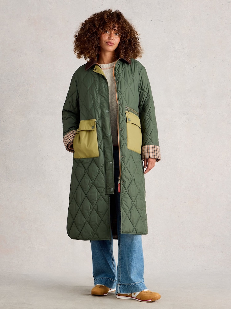 White Stuff Green Stella Longline Quilted Coat - Image 1 of 6