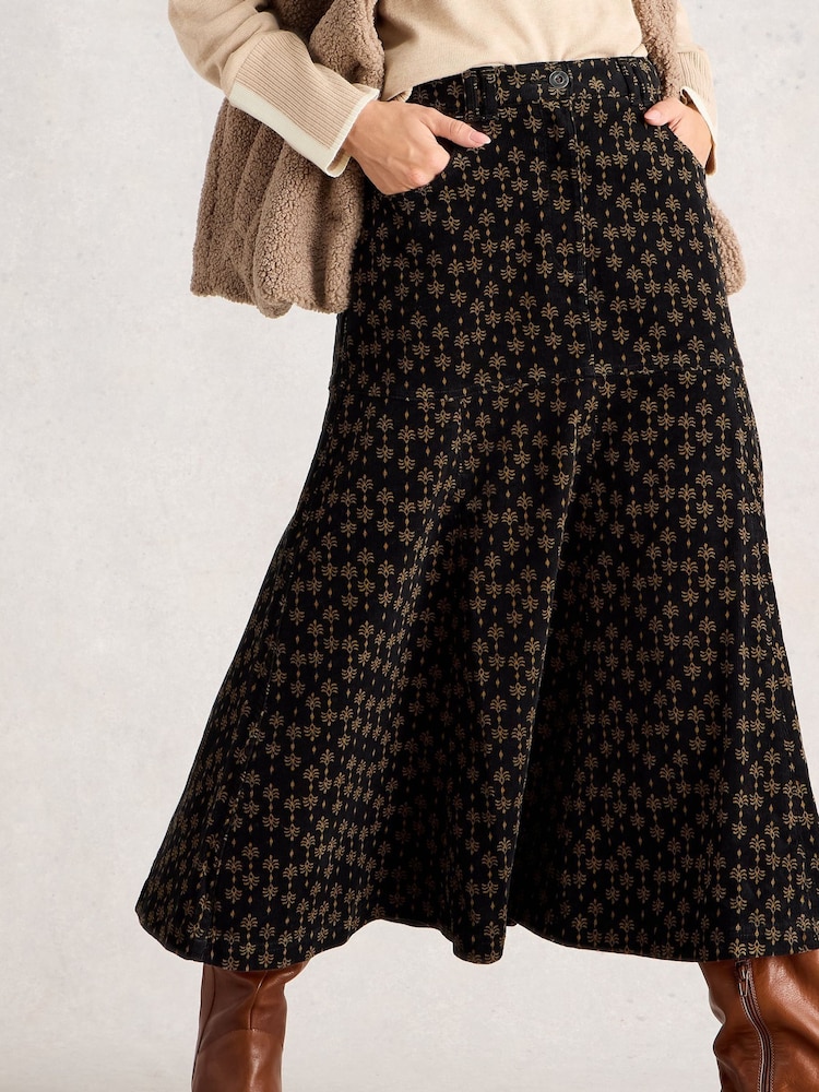 White Stuff Black Quinn Cord Midi Skirt - Image 1 of 6
