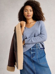 White Stuff Blue V-Neck Cashmere Jumper - Image 1 of 6